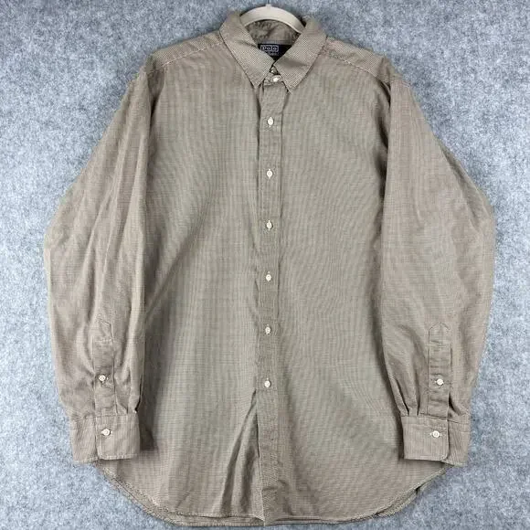 Vintage Polo Ralph Lauren Douglas Tab Shirt Mens 17 35 Brown Houndstooth 80s 90s